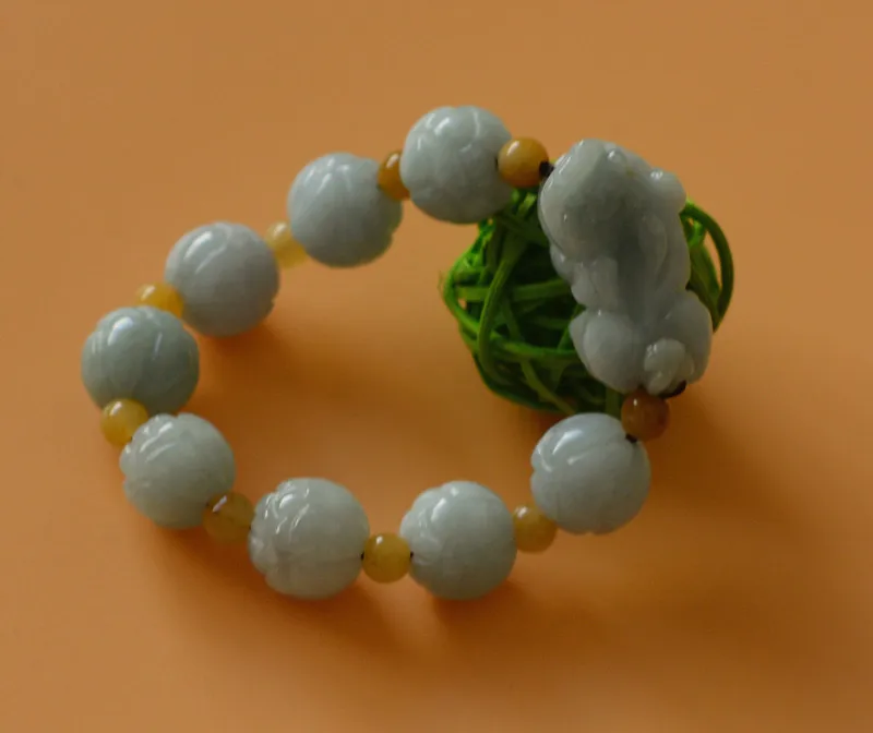 

Natural Jadeite Stone Bracelet Handmade Carved Lotus PIXIU With Round Beads Women's Gift Bracelets