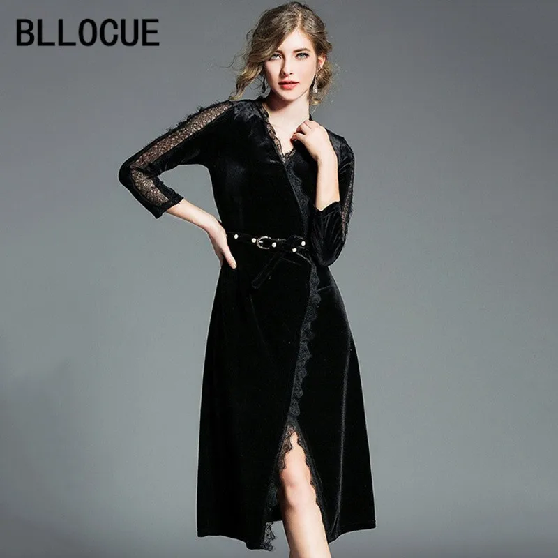 

BLLOCUE High Quality Runway Dress 2018 Spring Luxury Black Gold Velvet Three Quarter Sleeve Slim Women Bodycon Dress Vestidos