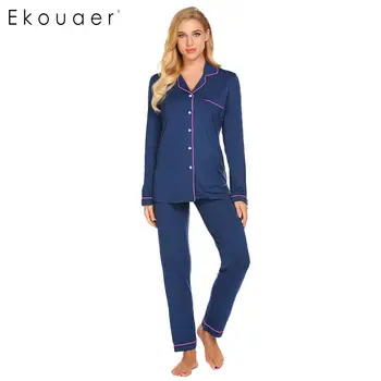 

Ekouaer Women Long Pajama Set Sleepwear Turn Down Collar Long Sleeve Shirts Elastic Drawstring Waist Pants Pajamas Home Suits