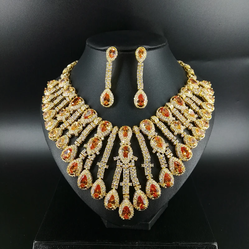 

New fashion Luxury champagne water droplet CZ zircon necklace earring wedding bride banquet dressing jewelry set,free shipping