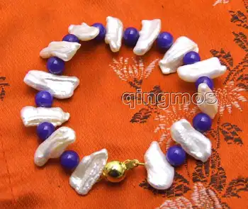 

12-15mm White Natural Freshwater Biwa Pearl and 6mm Round Blue beads 7.5'' Bracelet-bra328 Free shipping Wholesale/retail