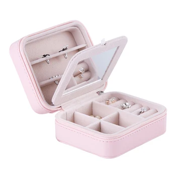 

Jewelry Case Storage Organizer Multi-function Travel Size Earring Bracelet Ring Display Box with Mirror Leather Jewelry Case