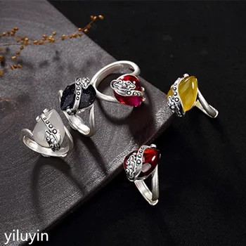 

KJJEAXCMY Boutique jewelry S990, silver coin, antique, Ruyi Xiangyun, mosaic, garnet, red and blue stone, female ring.