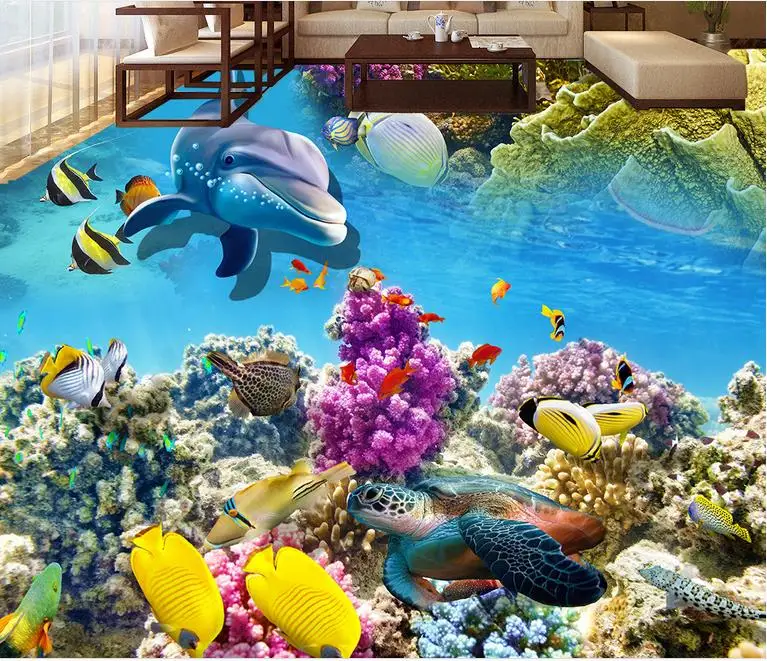 Виниловая Rolls пользовательские 3D Пол обои подводный мир дельфины 3D Пол фрески обои для детской комнаты 3D этажей