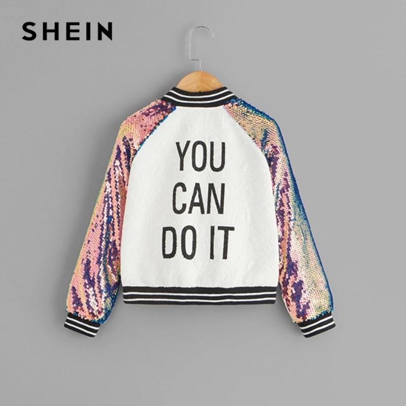 Beste SHEIN Kiddie Sequin Raglanmouwen Rits Slogan Brief Afdrukken Meisjes Jas Jas Kinderkleding 2019 Lente Casual Jack Voor Kinderen