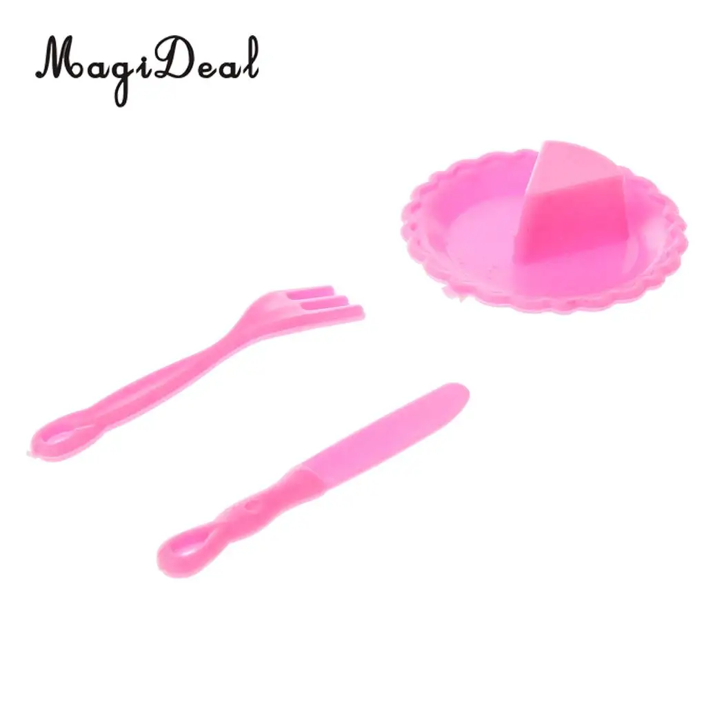 Set of Dollhouse Dining Room Tableware Teacups Dessert Plates Spatula for Dolls Home Decor Accessory Girl Kids Toys Pink