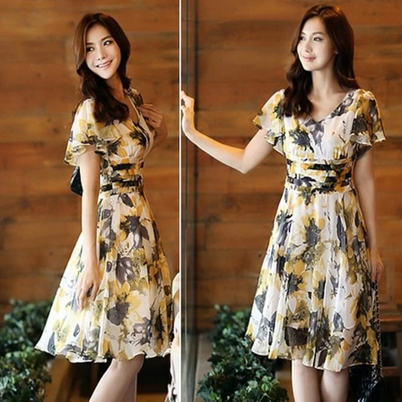 

2016 New Summer Fashion Style Women Chiffon Printed Sexy V-Neck Short Sleeve Dress