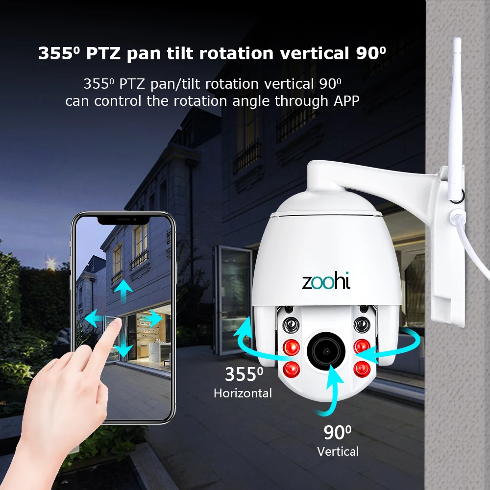 Zoohi PTZ Macchina Fotografica Esterna Senza Fili IP Camera Audio Bidirezionale 1080 p Rotativo a C