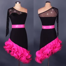 Фуксия Латинская Сальса Танго Румба ча-ча бальные танцы платье квадратный Танец фиолетовый черный хип хоп одежда женщины латинские танцы платье