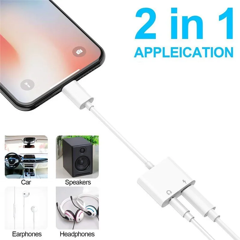 

2 In 1 Earphone Charging Converter for IPhone X 8 8Plus 7 7Plus Dual Jack Audio Adapter Headphones Aux Charger Cable Data Sync