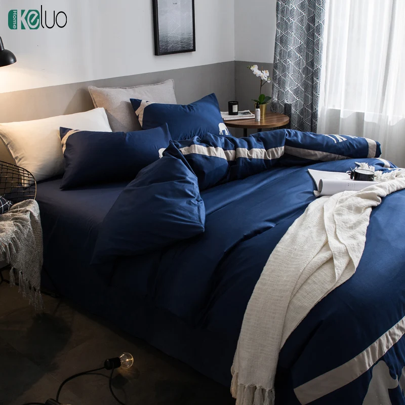 

KELUO European Embroidery Blue Elephant Bedding Set Duvet Cover Set 100% Cotton Bed Set With Flat Sheet