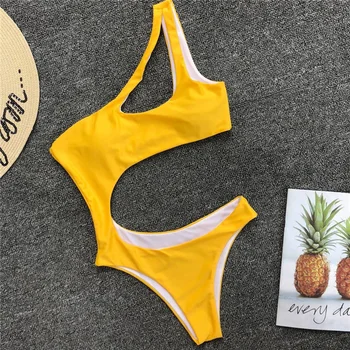 

New 2019 High Neck One Piece Swimsuit Women Swimwear Female Lace Up Bather high waist Irregular Bathing Suit Sexy Swim Wear