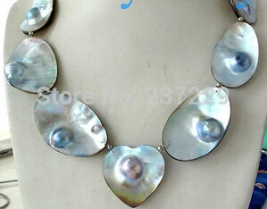 

Wholesale price FREE SHIPPING ^^Gray Blue Rainbow Mabe Blister Pearl Necklace Heart Shape Pendant