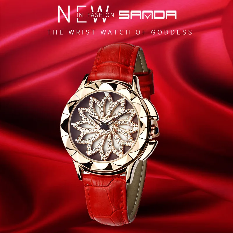 Женские кварцевые часы SANDA с вращающимся циферблатом и кожаным