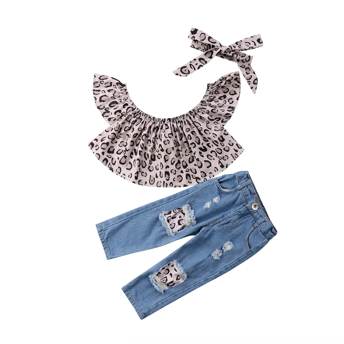 

3PCS Cute kids baby Fashion Girl Leopard Fly Sleeve Tops+Destroyed Jeans Pants+headband Cool Clothes Sets 1-7Y
