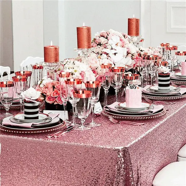 

10PCS 90x156inch Pink Gold Embroidery Mesh Sequin Tablecloth Sequin Table Overlay Wedding/Decoration Sequin Table Cloth