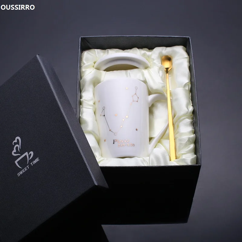 

OUSSIRRO 340ml Ceramic Coffee mugs Constellation Theme Lucky Mug with Gift Box with Lid and Spoon Christmas Gift for Friends