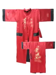 Красная, черная китайская мужская двусторонняя шелковая атласная одежда с вышивкой кимоно банное платье Дракон Один размер Бесплатная