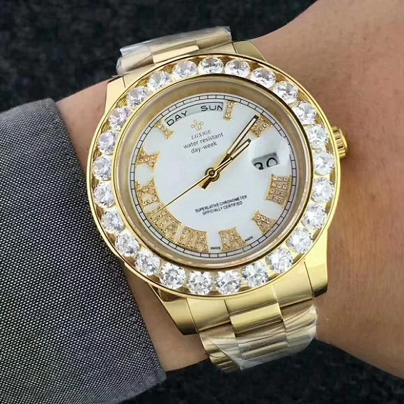 GoldWhite Украшением в виде большого камня Элитный бренд золотые часы Для мужчин Нержавеющая сталь с отображением дня-даты Для мужчин наручные президент Топ мужские часы relogio masculino - Цвет: GoldWhite