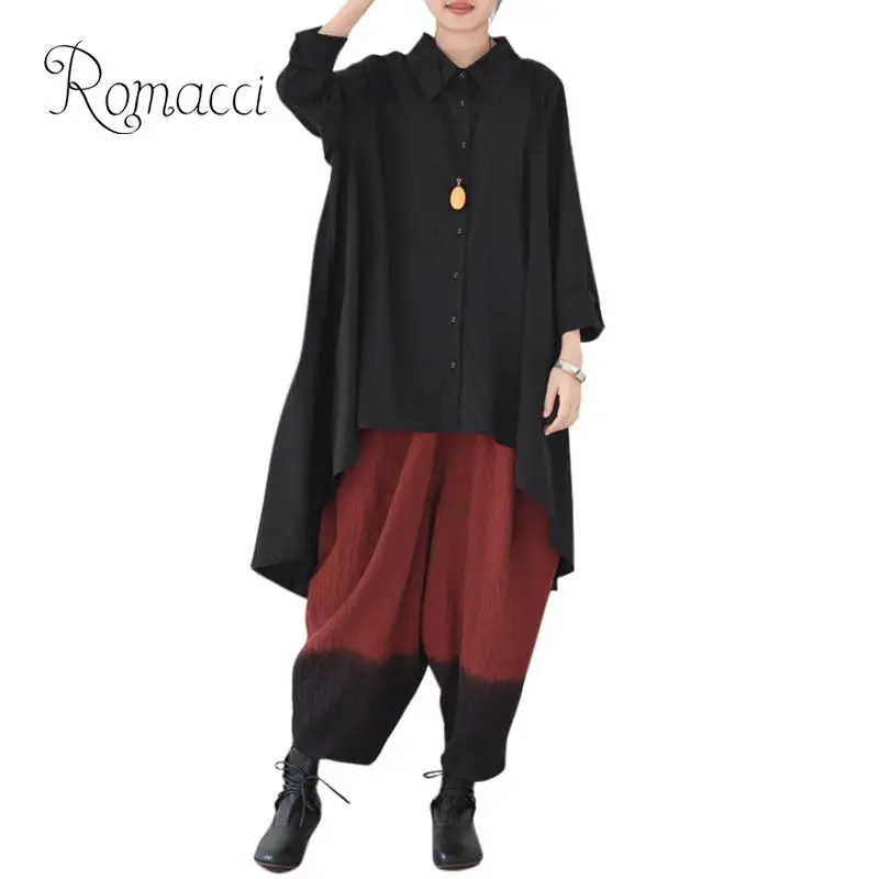 Romacci модные женские туфли свободные блузки рубашки одежда с длинным рукавом на пуговицах спереди высокая низкая длинная блуза для Для