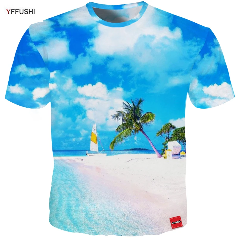 

YFFUSHI 2019 Plus Size Male 3D Cool Beach T-Shirts New Fashion Blue Water World 3D Print Top Summer Hot Sale Men Holiday t shirt