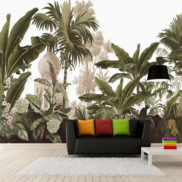 Пользовательские настенные фотообои бумага ручная роспись тропический лес банановые листья гостиная диван большие фрески обои домашний декор