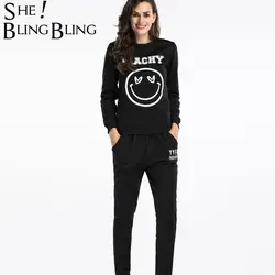 SheBlingBling с длинным рукавом осень-зима флисовые комплекты Для женщин Верхняя одежда из двух частей смайлик свитшот с принтом и Длинные штаны