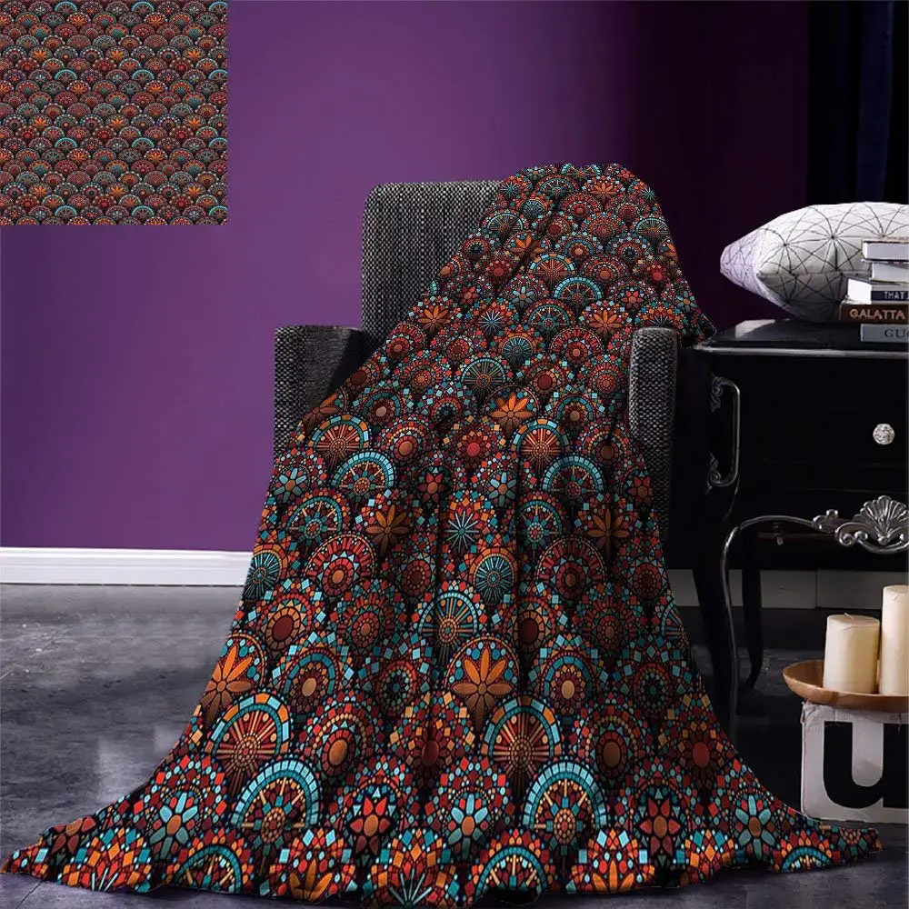 

Moroccan Throw Circles Pattern Mandala Inspired Floral Arrangements Geometric Rectangles Warm Microfiber Blanket