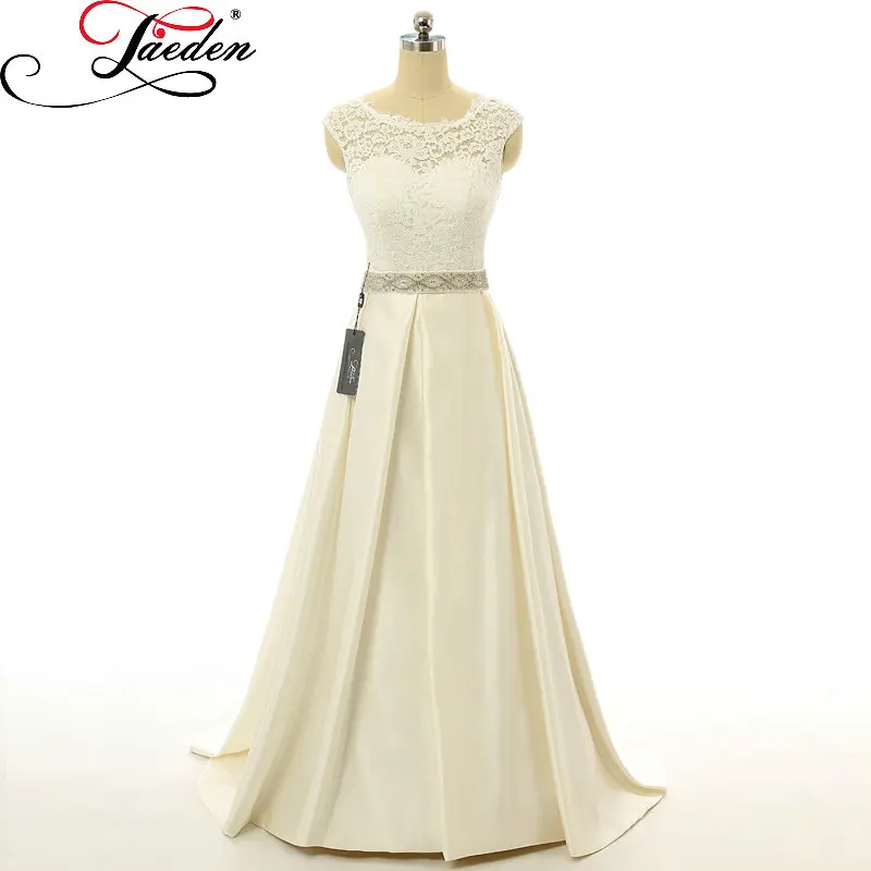 JAEDEN Vintage Lace Beige Satin Wedding Dresses Long Cheap Scoop Neck