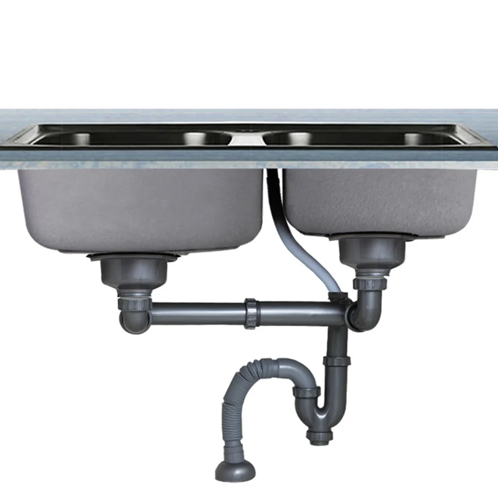  Talea stainless steel Double drainpipe Rear position with overflow sink Drain Kit Kitchen Fixtures - 32858286621