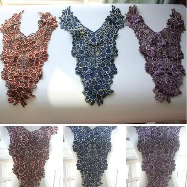

1 Piece 30*55cm Large Blue Purple Red 3D Luxury Beautiful Embroidery Flower Lace Applique Collar