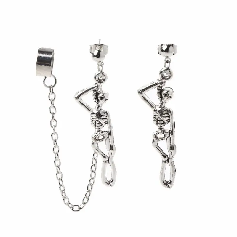 

Asymmetric Skull Bone Dangle Ear Cuff Chain Earrings Clip-on Fashion Jewelry