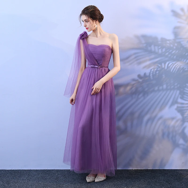 

Taro Purple Bridesmaid Dress Long Style One shoulder Mesh Dress Banquet Wedding Dress Back of Bandage