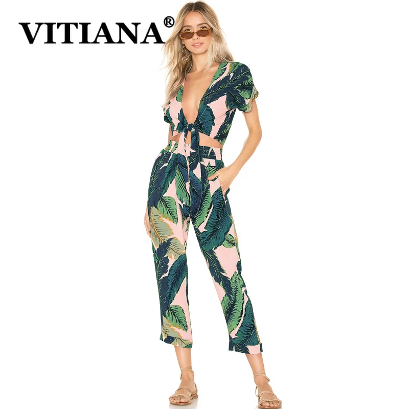 

VITIANA Women Casual Beach Two Pieces Set Summer 2019 Green Chiffon Bandage Short Shirt Calf-Length Pants Womens Sweat Suit Sets
