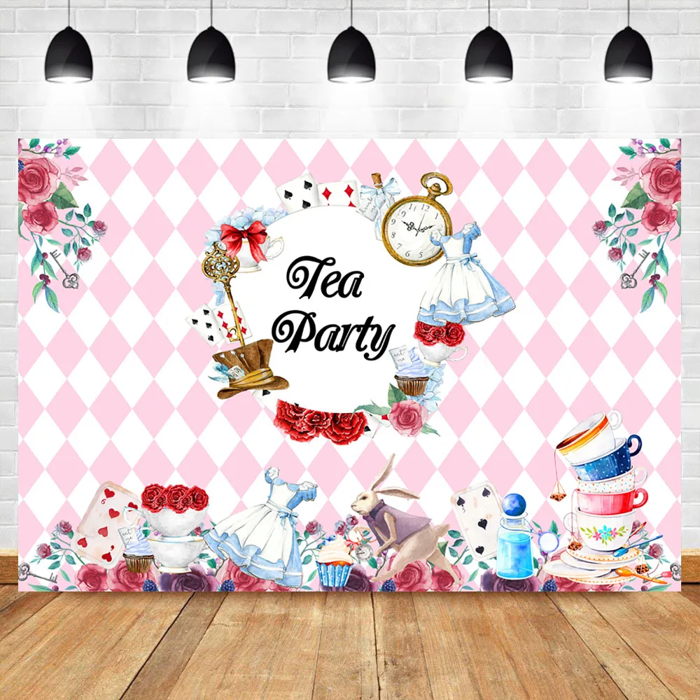 

Neoback Rose Tea Party Photography Backdrops Playing Card Tea set Pink White Plaid Leisure Photo Background Photophone