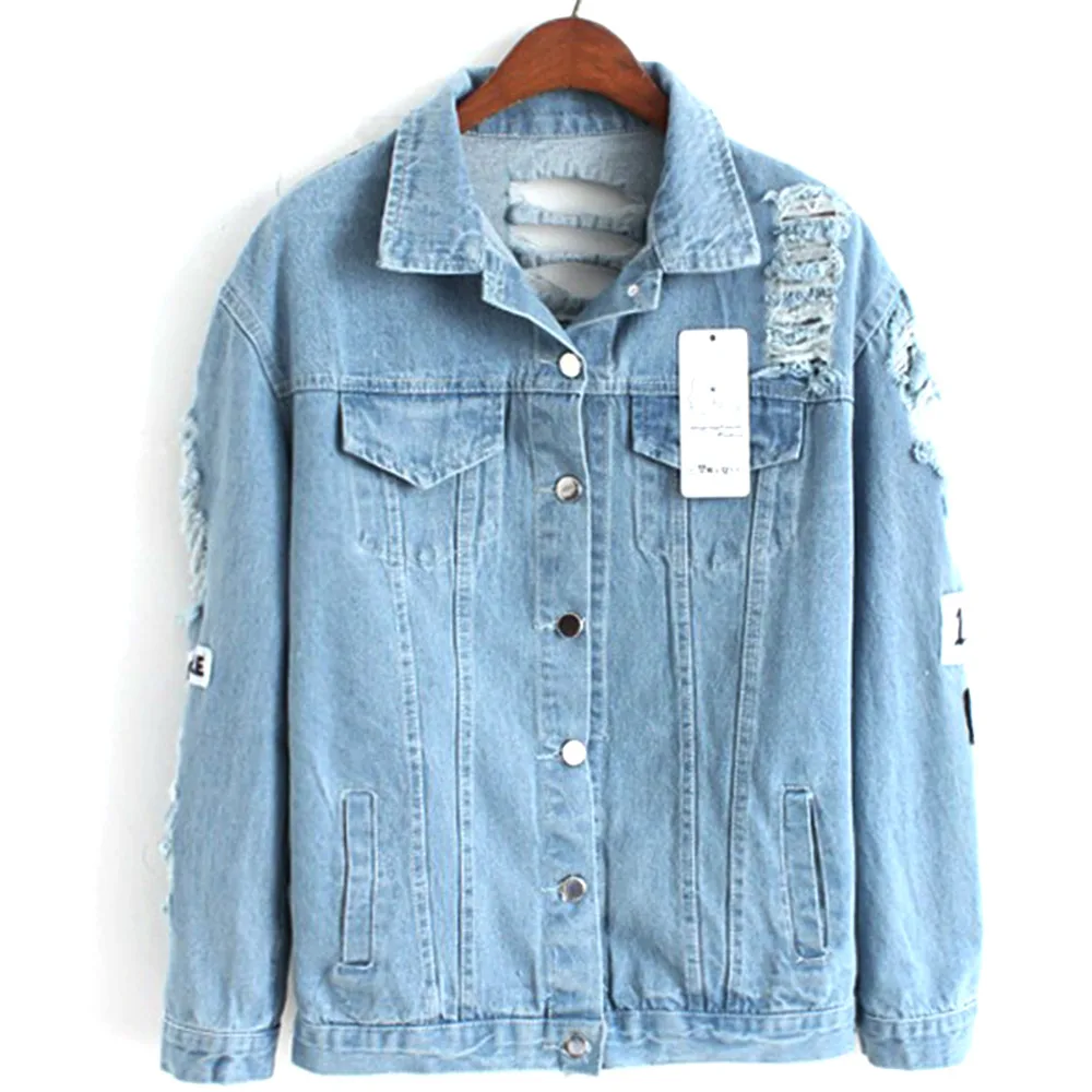 New  Ripped Denim jacket for women Where is my mind Korea retro embroidery letter patch bomber jacket Bl