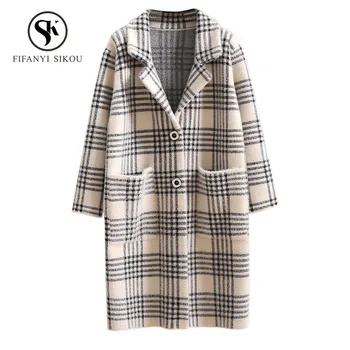 

High quality Mink Cashmere Long Cardigan Coat Plaid Knitting Sweater Women Single Breasted Thick warm Mink Sweaters Coats Female