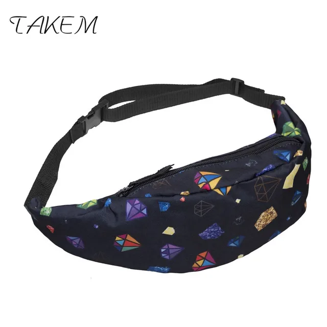 TAKEM 2018 Талия сзади полный бандана черный 3d печать мода поясная сумка женщины Фанни пакеты поясная сумка-кошелек на пояс Талия пакеты для мужчин