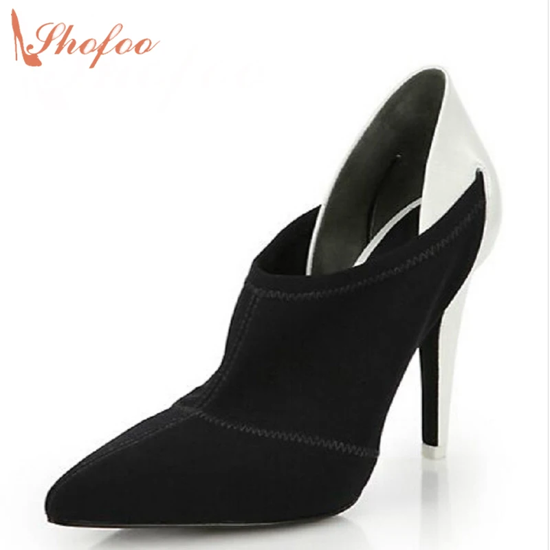 Shofoo Women Black Seude Point Toe Korean High Heels,Zapatos Botas Mujer,Womens Shoes Large Size 5-14.