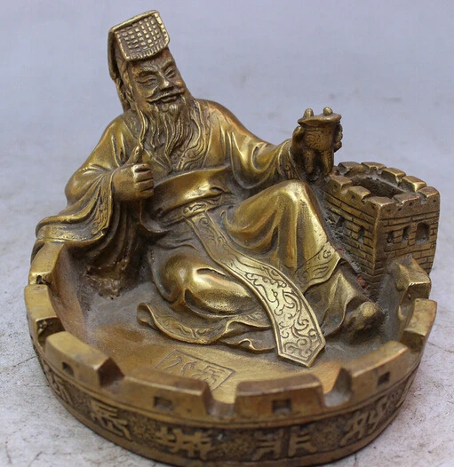 

008744 Chinese Brass Happy Qin Shi Huang Hold Cup Overlie Great Wall Statue Ashtray