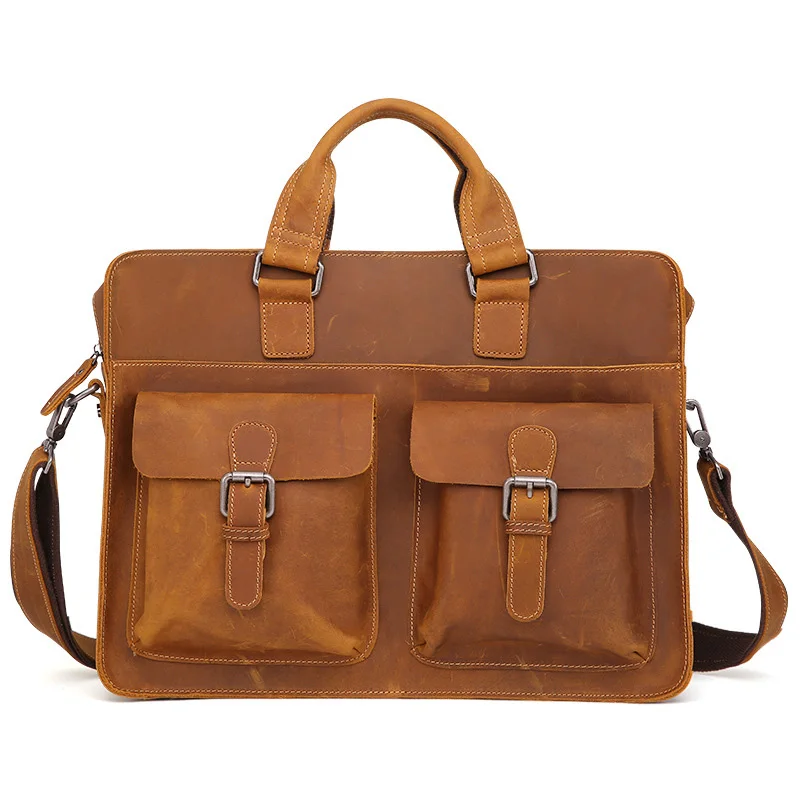 

Genuine Leather Men's Briefcase 14 Inches Laptop Bag Business Portfolio Cross Body Handbag Men's Vintage Messenger Shoulder Tote