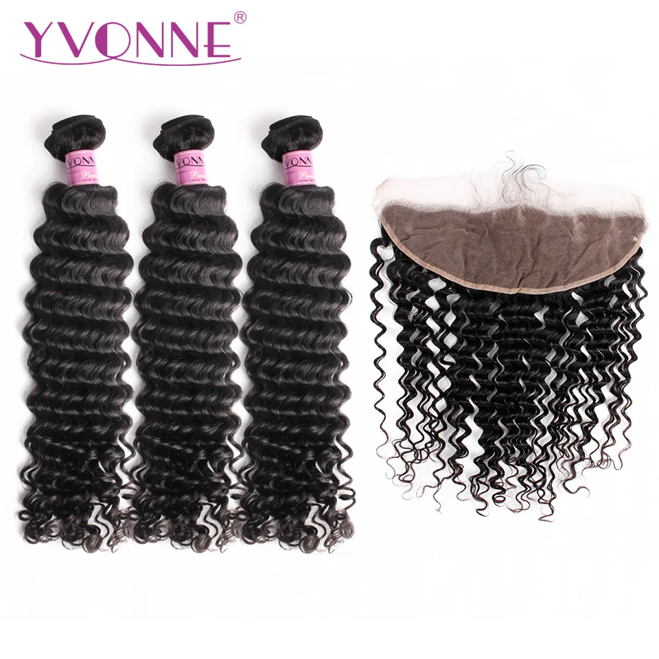 

Yvonne Virgin Brazilian Deep Wave Bundles With Frontal Natural Color 3 Bundles Human Hair Weave With 13*4 Lace Frontal