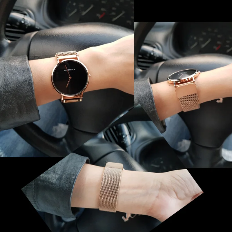 Модные японские кварцевые роскошные ультра тонкие мужские часы женские черные розовые золотые классические кожаные водонепроницаемые с магнитной сеткой из нержавеющей стали