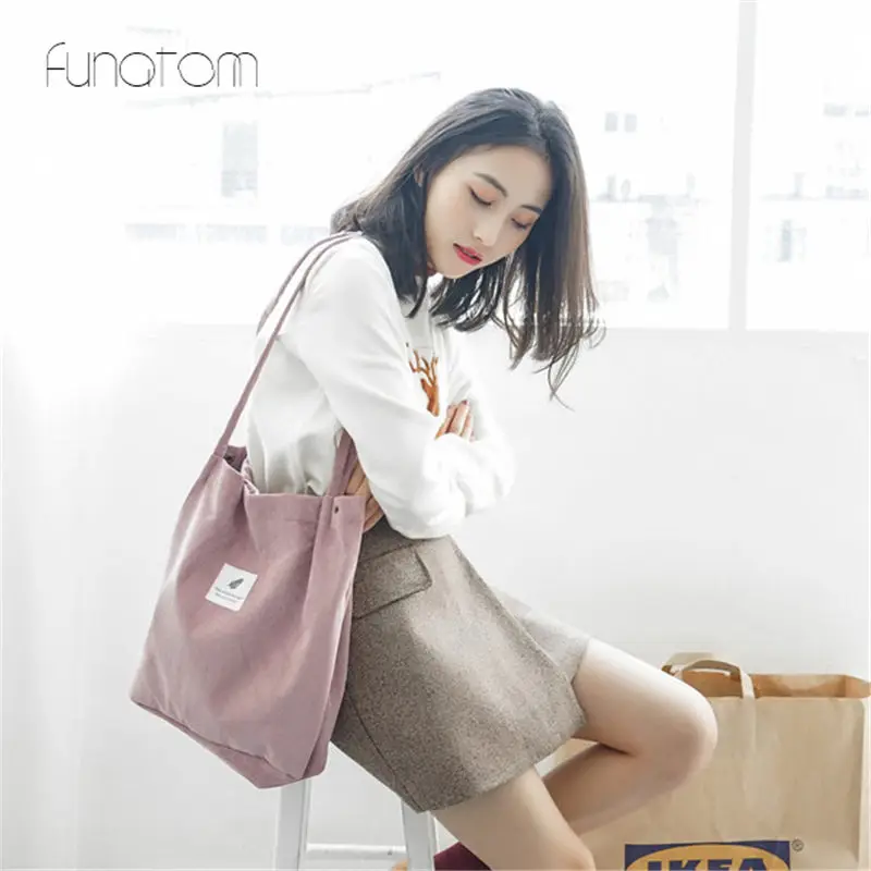 Funatom однотонные вельветовые сумки на плечо Экологичная сумка для покупок