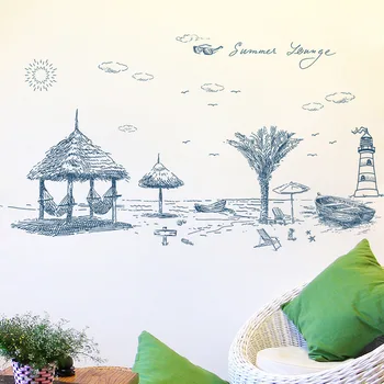 

Retro style coconut tree summer beach Wall Sticker PVC backdrop decor for Home kids room Decals Art Wallpaper Stickers poster