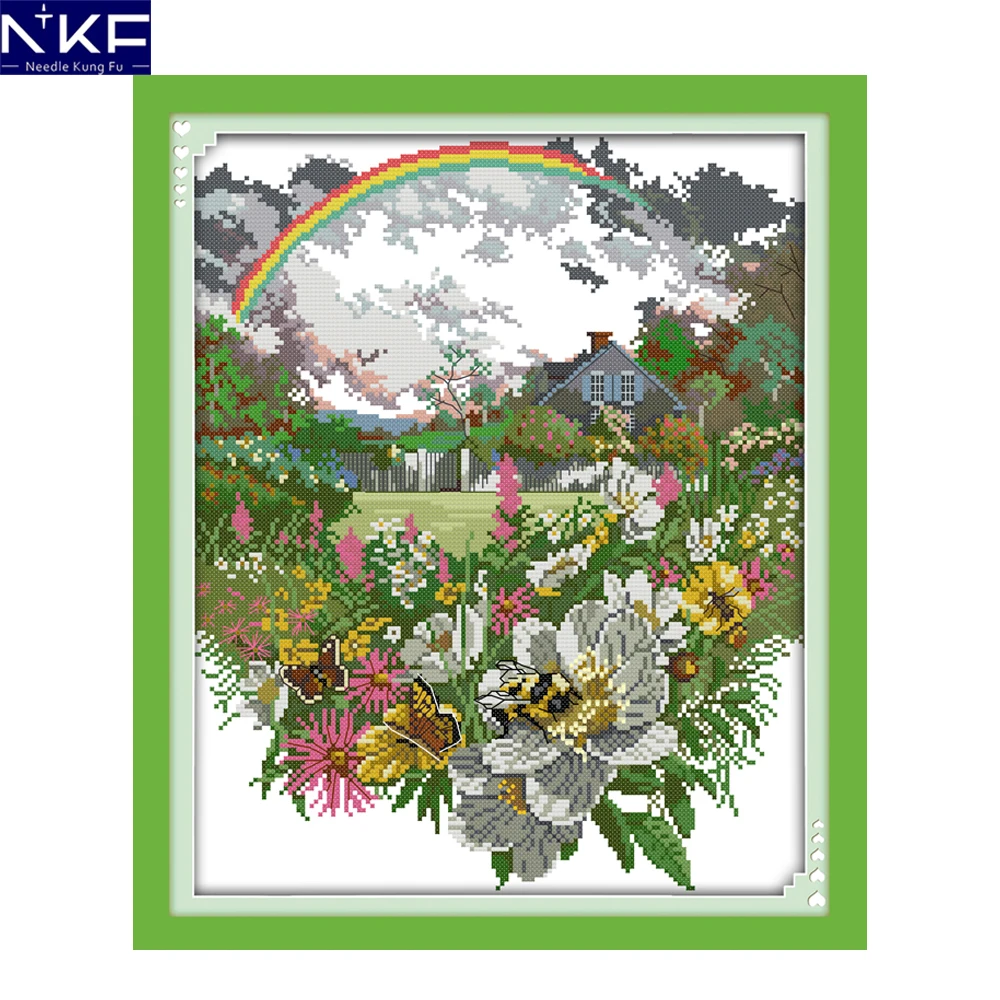 NKF The After Rain радужные цветы китайский узор вышивки крестом вышивка-Шитье Сделай Сам Пейзаж Вышивка крестиком для домашнего декора