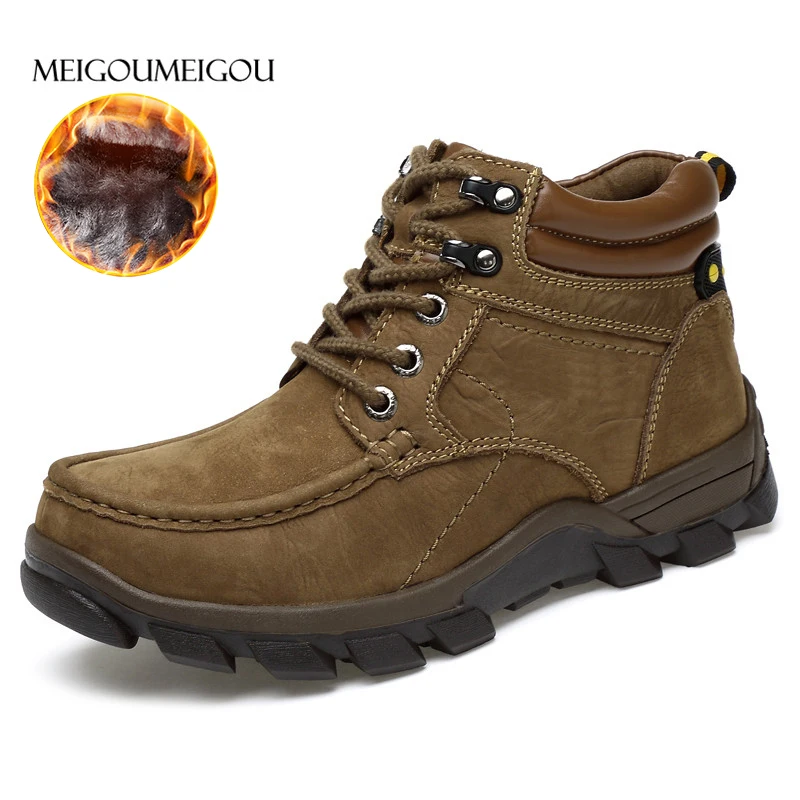 

MEIGOUMEIGOU plus size 38-47 winter boots men plush warm insole suede bota masculina genuine leather durable zapatos de hombre