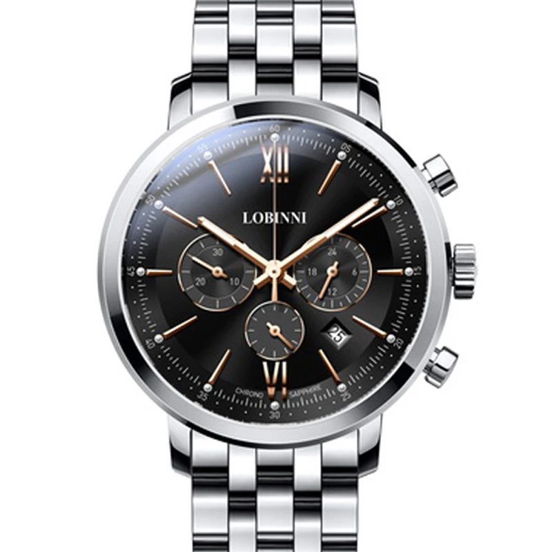 

LOBINNI Men’s Watch Business 50M Waterproof Steel Strap Multi-function Chronograph Dial Quartz Wrist Watch Men Sapphire L3605-2