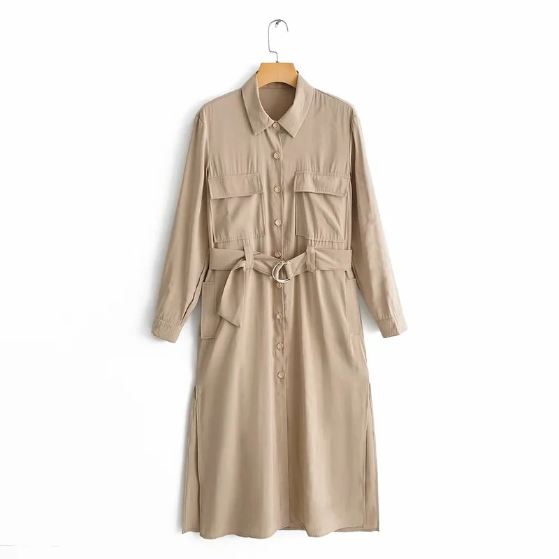 

Spring 2019 New Thin Single Breasted Lace-up Long sleeve Shirt Dress for Women