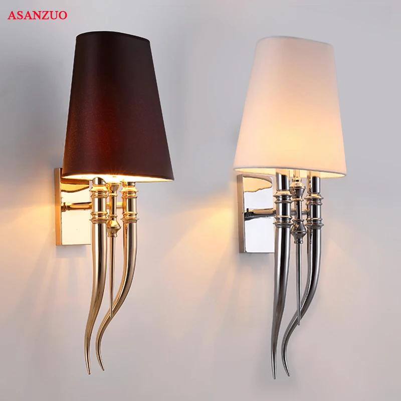 Modern Iron Claw Horn Wall Lamps Cloth lampshade Bedroom Bedside Wall Sconce Dining Living Room Decor Light E27 Luminaire